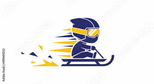 Energetic cartoon sled racer speeding downhill, wearing a helmet and goggles, with dynamic motion lines. Ideal for winter sports, speed, and fun designs.