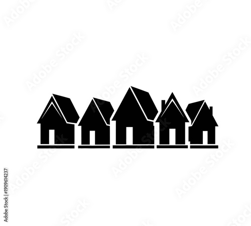 A row of five simplistic black house silhouettes against a plain white background high quality professional