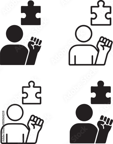 Unity in Problem-Solving: Symbolic figures with raised fists collaborate, each poised to secure puzzle pieces, embodying the strength found in teamwork to resolve complex challenges.