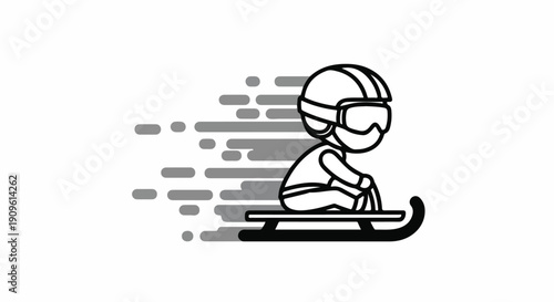 Stylized black and white icon of a person sledding downhill at high speed, wearing a helmet and goggles, depicting winter fun and adventure.