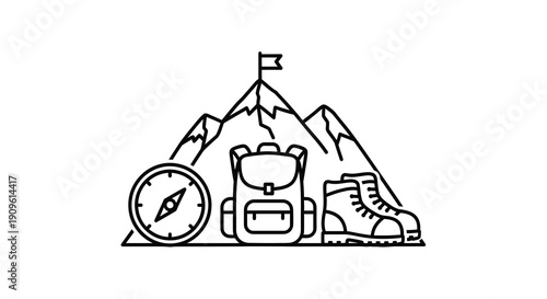 Mountain adventure with hiking gear in a clean dark silhouette