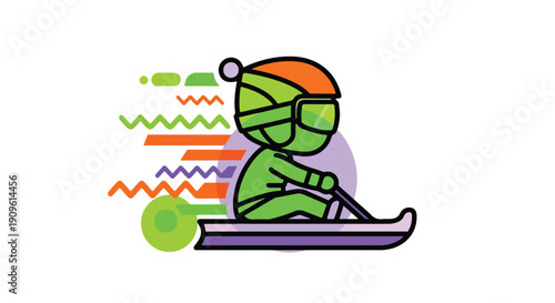 Green cartoon character in helmet and goggles sledding fast with colorful motion trails, winter sport illustration