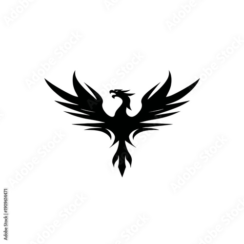 Stylized Black Phoenix or Eagle Silhouette Vector Illustration, Mythical Bird with Outstretched Wings, Symbol of Rebirth, Strength