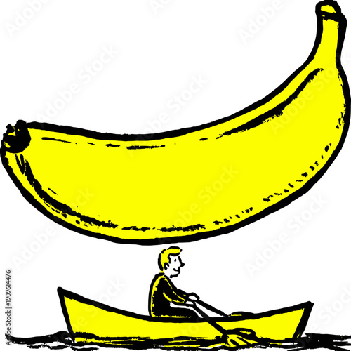 Humorous illustration of a tiny person in a yellow rowboat on water beneath a gigantic floating yellow banana, quirky concept art