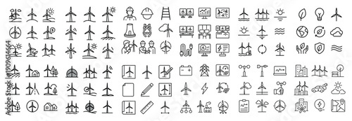 Wind energy icon set in line art style