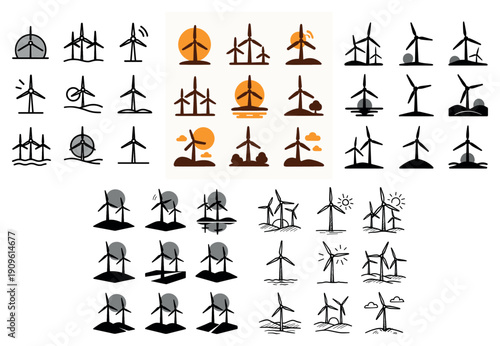 Wind turbine icons: sustainable energy collection
