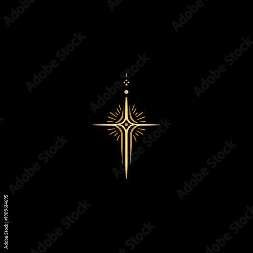 Elegant Golden Cross with Radiating Light on Black Background - Minimalist Spiritual Icon Design