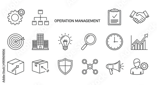 Business and operational management icons in a linear style silhouette