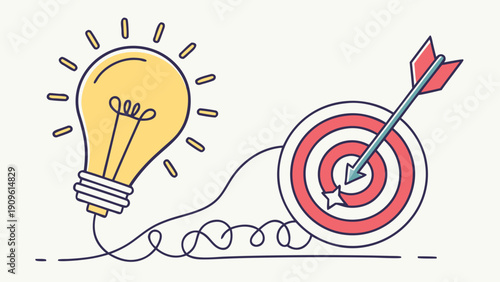 Illustration of a lightbulb with an arrow hitting a target, symbolizing a bright idea and accurate goal achievement.