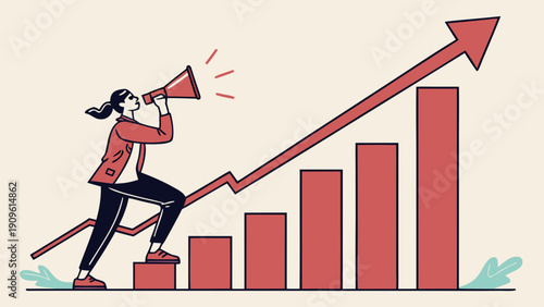 Woman standing on rising graph bars, announcing success with a megaphone, symbolizing business growth and progress from a dynamic perspective.
