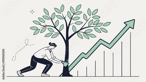 A person nurturing a growing tree with a rising graph trend in the background, symbolizing growth and development