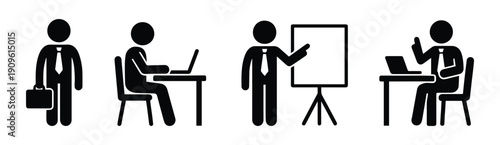 Set of human silhouette icons: businessman, stick figures, people, isolated, stickmen boss, office work.