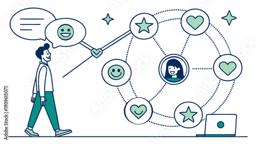 A person interacting with a digital interface displaying various social media icons and feedback symbols near a laptop