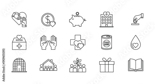 Charity and donation icons representing support giving and aid silhouette