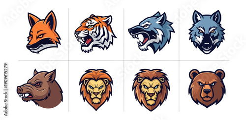 Animal heads set vector illustrations wildlife cartoon design