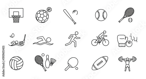Various sports equipment and activities illustrated in a simple silhouette