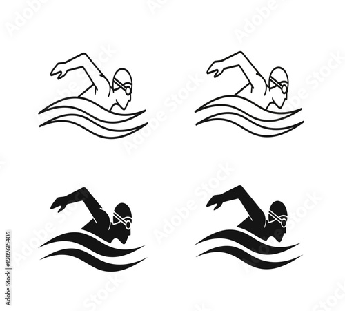 Four black and white illustrations depicting swimmers in a freestyle stroke through water waves high quality