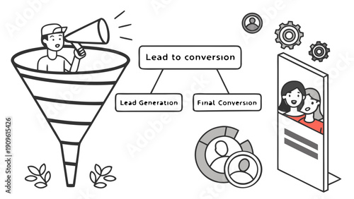 Marketing strategy illustration showing lead generation and conversion process through a funnel with a person using a megaphone and a mobile device displaying a conversation