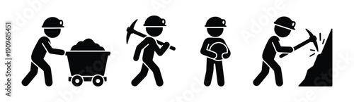 Miner icon, set of silhouettes of stickman working in a mine, stick figure people isolated.