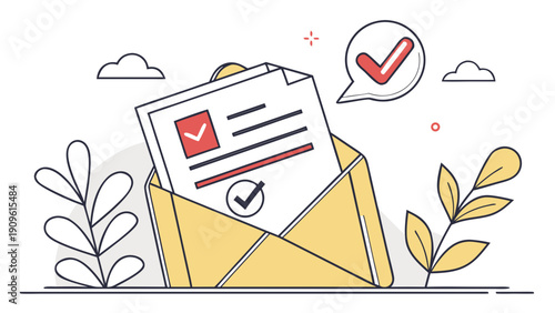 An open yellow envelope with a document inside and a checkmark on it surrounded by leaves and clouds