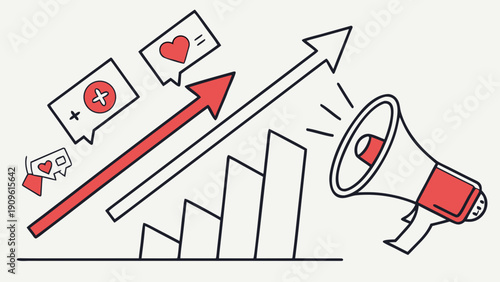 Illustration of a megaphone amplifying social media engagement metrics upward trend