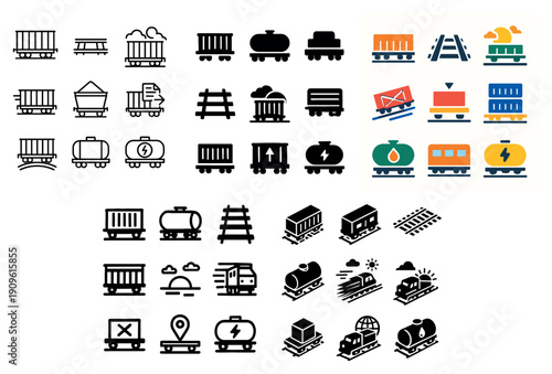 Train icons set: locomotives and cargo