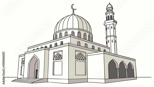 A dome-shaped Mosque with a Minaret silo outline engraving ide Cad-geometry ge Valle sen volumepoo