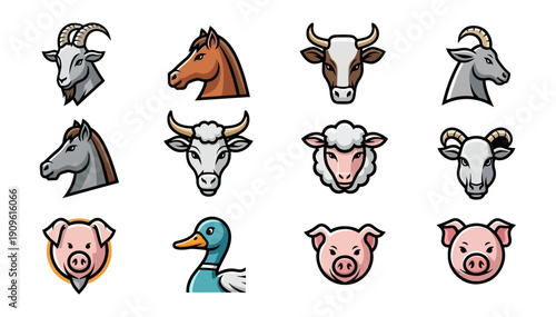 Farm animal heads collection vector illustrations