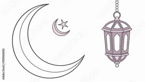 Crescent moon and lantern illustration depicting a serene nighttime scene with Islamic symbolism and cultural significance in a minimalist style