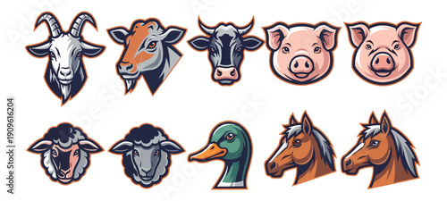 Farm animal illustrations heads vector set