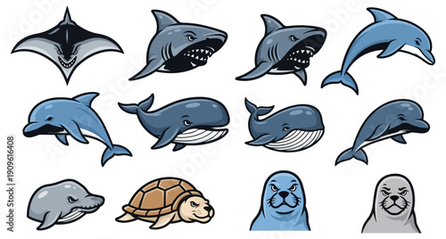 Marine animal collection cartoon illustrations on black background