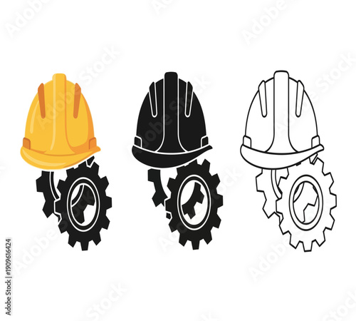 Three depictions of a construction helmet with gears showcasing color solid and outline styles high quality