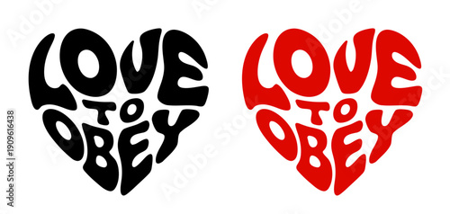 Heart-shaped sticker set featuring "LOVE TO OBEY" in colorful and black design.