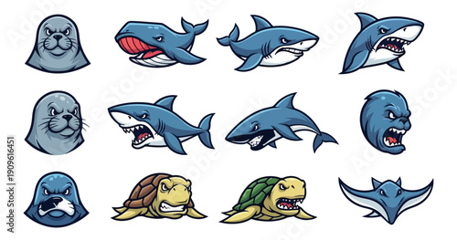 Marine animal collection sharks seals whales and turtles illustrations