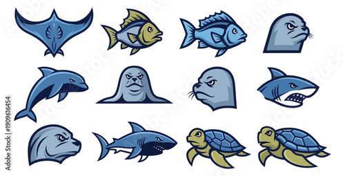 Marine animal collection vector illustrations of aquatic creatures
