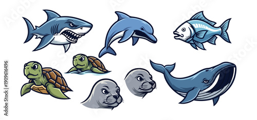 Marine animals collection cartoon style vector illustration