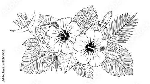 Hand drawn tropical bouquet featuring hibiscus flowers and monstera leaves in black and white line art style for coloring books or tattoos.