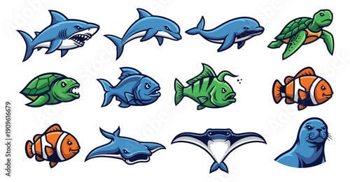 Marine life collection vector illustrations ocean creatures
