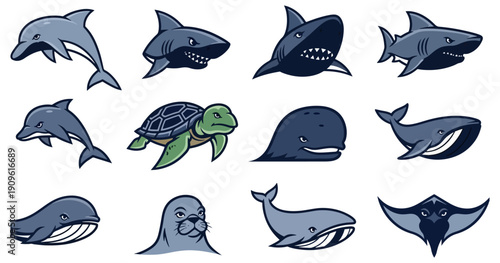 Marine life collection sharks dolphins and whales vector illustrations