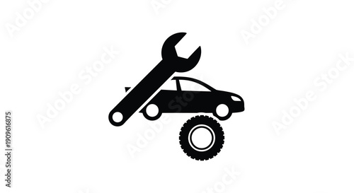 Car repair icon featuring a wrench and wheel black silhouette