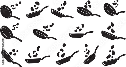 Black silhouette frying pan icons on white background pattern