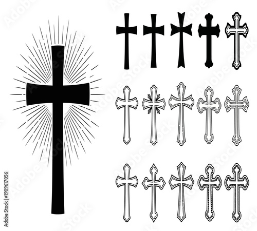 Various styles of christian crosses depicted in black and white including a radiant cross high quality