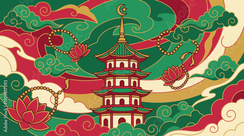 Vibrant vector art of a tiered pagoda topped by a crescent and star, dynamic clouds, lotus and prayer beads, concept for celebration banners, festival posters and diverse cultural greeting cards