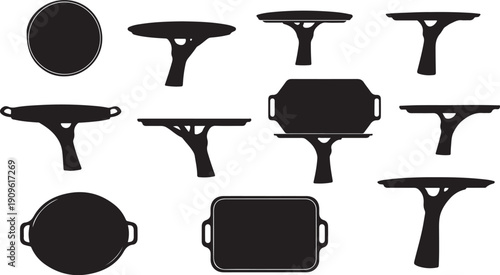 Collection of black cooking pan silhouettes on white background