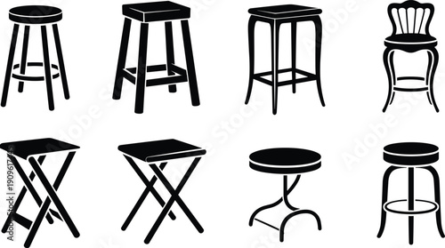 Black and White Bar Stool Vector Icon Set Featuring Isolated Silhouette Illustrations of Modern, Vintage, Folding, and Wooden Seating Furniture for Interior Design Layouts (25 words)