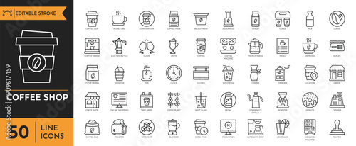 Coffee Shop outline icon set. Contain icons related to coffee, drink, beverage, Coffee maker, coffee house, coffee shop elements, and more. Editable stroke. Vector Illustration