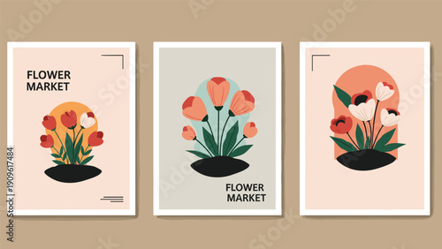 Three vintage style flower market posters featuring minimalist tulip illustrations in warm earthy tones for interior home decor and wall art.