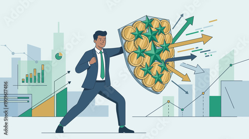 Businessman holding coin shield deflecting risk arrows against charts and city backdrop, concept for financial safety, risk management and investment presentation