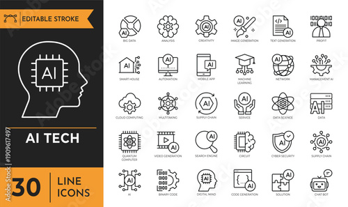 AI Technology outline icon set. Editable stroke. Vector Illustration