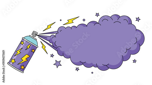 Cartoon spray paint can emitting a large purple cloud with lightning and star symbols for street art and graffiti style design concepts.